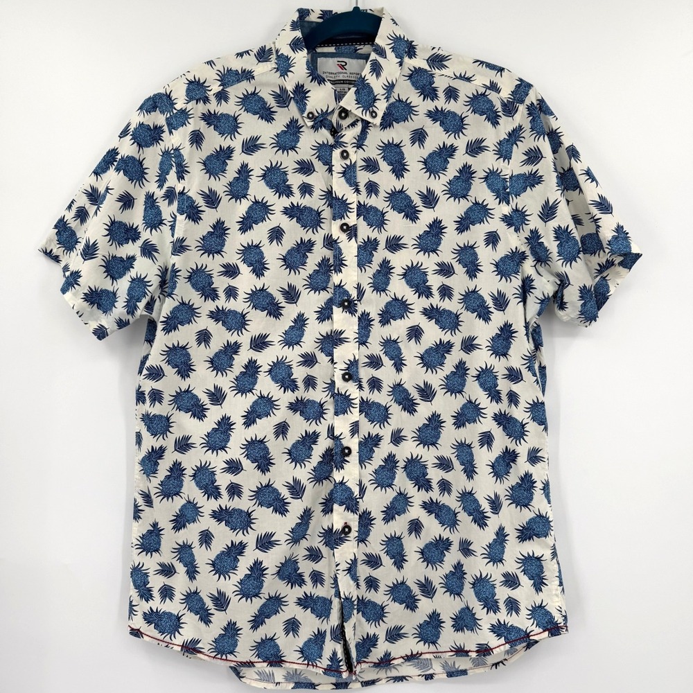 International Report Blue Pineapple Print Cotton Short Sleeve Shirt Mens Large